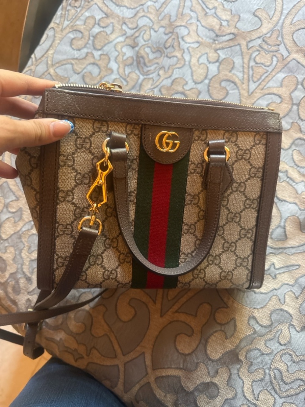 Gucci Brown GG Supreme Canvas Satchel with Green-Red Web Stripe